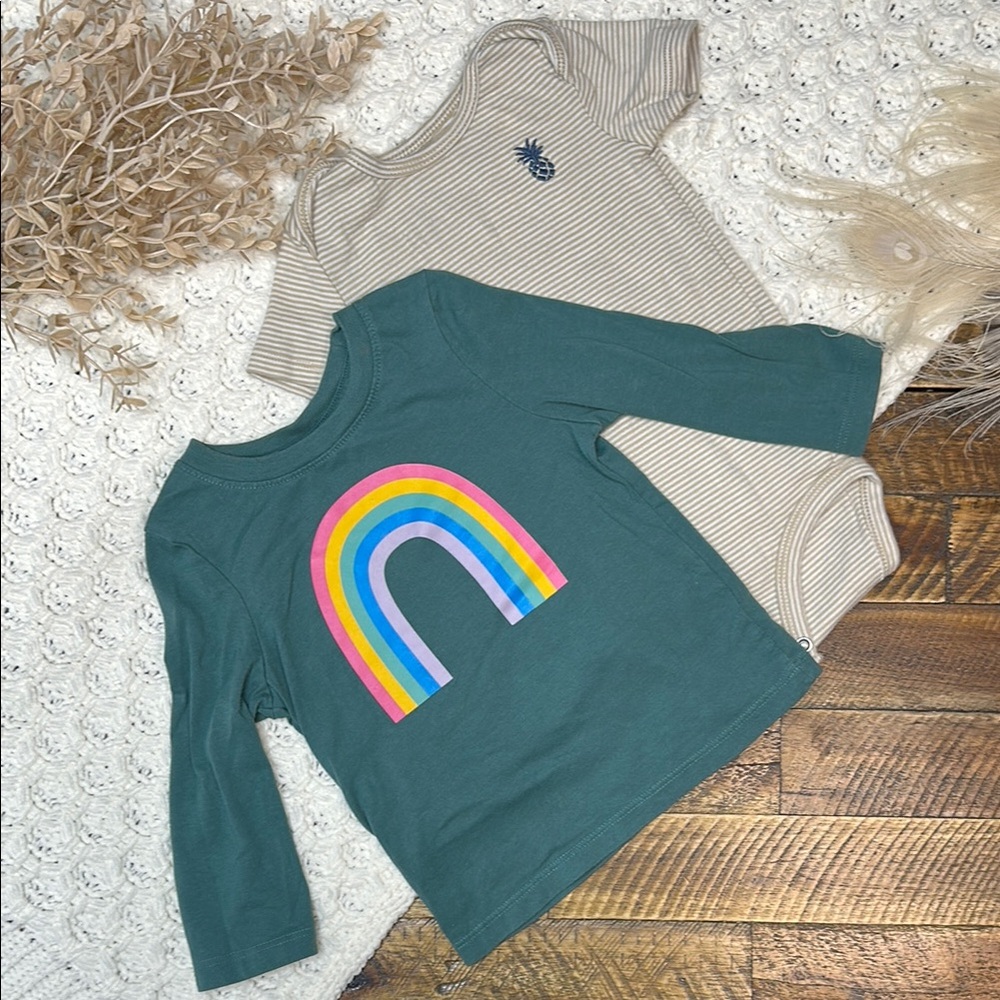 (5for$10) 🌈 Graphic Kids Shirt and Tan Stripe🍍 Onesie 18m/ Cat and Jack/ Carters